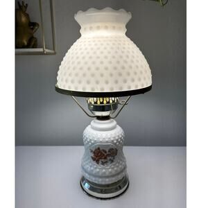 Vintage Milk Glass Hobnail Table Lamp with Florals Hobnail Hurricane Shade